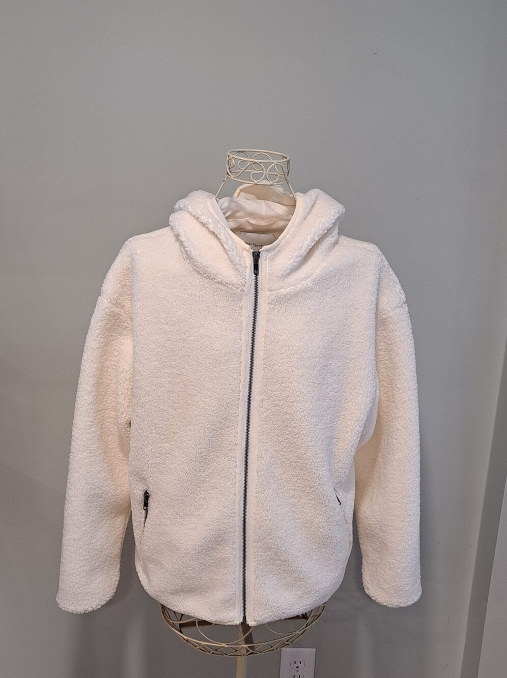 Daily Ritual Ivory Teddy Jacket Hooded Pockets Zip Up Lined Cozy Warm Sherpa M
